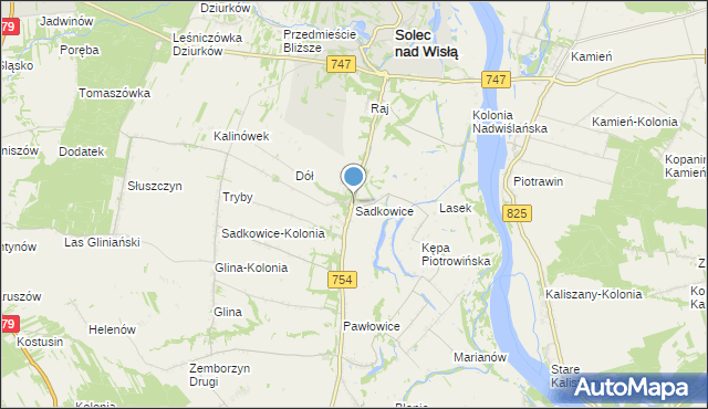 mapa Sadkowice, Sadkowice gmina Solec nad Wisłą na mapie Targeo
